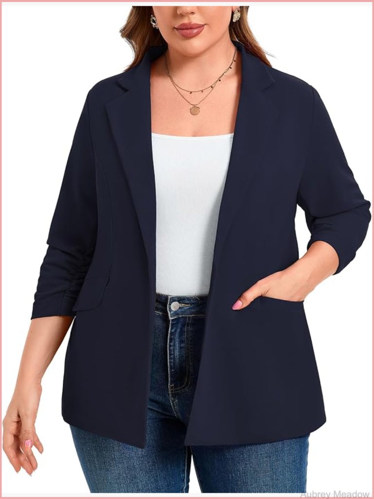 Plus Size Open Front Blazer With Pockets 3/4 Sleeve Suit Jacket